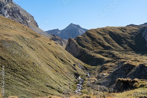 Scenic view of Sommeiller peak covered with greenery between Italian and France border photo