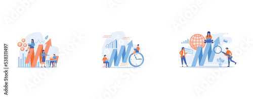 Sales managers with laptops and growth chart, Businessman working on clock hand and businesswoman with laptop, Team of specialists with magnifier and laptop and arrow, set flat vector modern illustrat