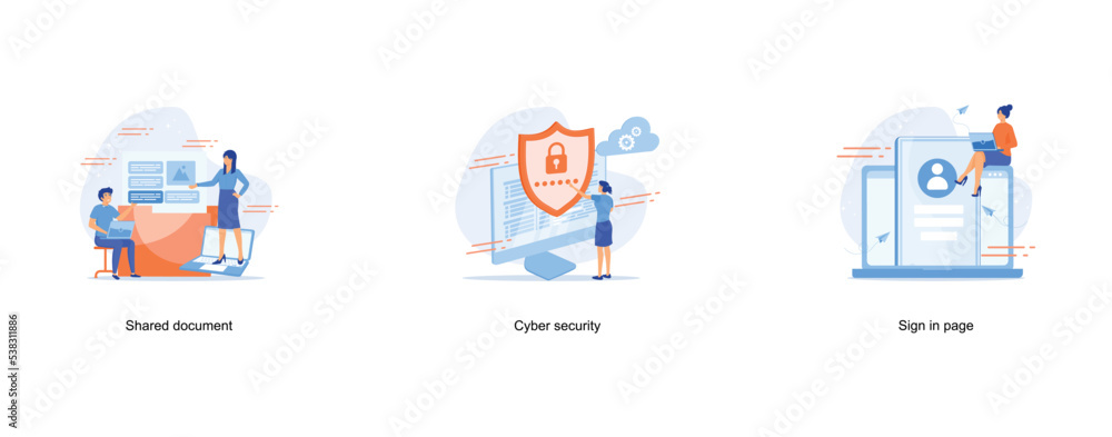 data processing, message sending, the concept of protecting computer data for a web page, people select a resume for a job, set flat vector modern illustration