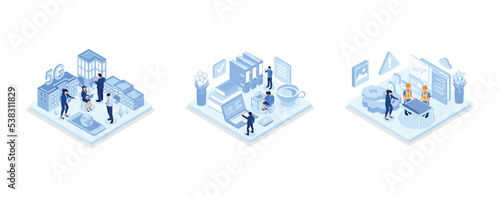 People Characters standing in Modern Smart City and Communicating with New Generation 5g Technology Network, Woman sitting at Desk and Filling Survey Form, Website Maintenance Process and Under Constr