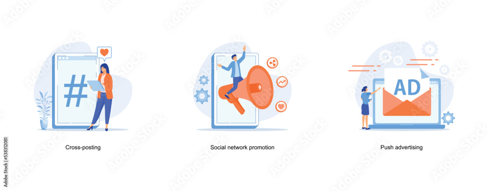 Cross-posting abstract concept, Social media marketing, digital promo campaign, Push notification advertising, internet promotion, ad network, traditional strategy, interruption marketing, mobile app 