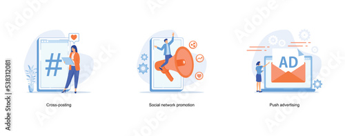 Cross-posting abstract concept, Social media marketing, digital promo campaign, Push notification advertising, internet promotion, ad network, traditional strategy, interruption marketing, mobile app 