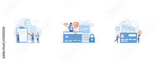 Tiny people cook and builder perform alternative civilian labour, Access control card with key and lock and woman with protection shield, Plastic bank card, microchip and man with magnifier, set flat 
