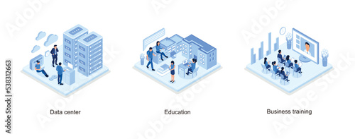 Data center concept with character, Girls and Boys Learning Together with Smartphone, Laptop, Books, Business training or courses concept, isometric vector modern illustration