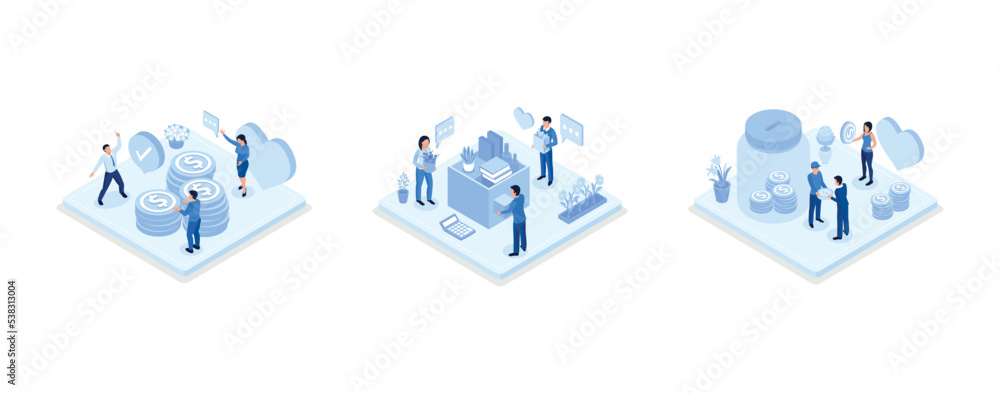Fototapeta premium Volunteers collecting food and clothes in donation box. Characters putting money in jar. Charity and financial support concept, set isometric vector illustration