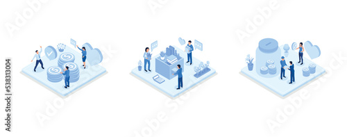 Volunteers collecting food and clothes in donation box. Characters putting money in jar. Charity and financial support concept, set isometric vector illustration