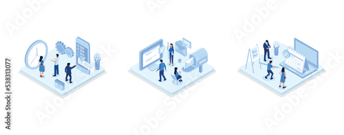 Characters planning work tasks, filling check list, making schedule using calendar. Business and organization concept,