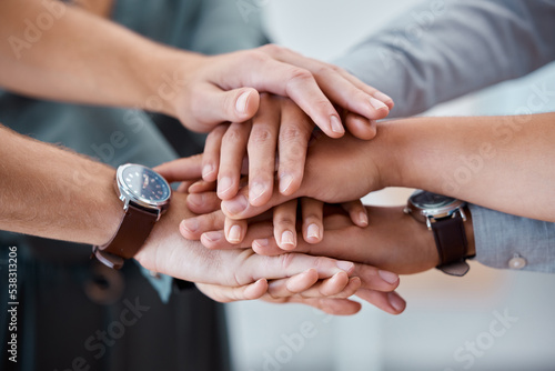 Diversity, hands and support for team trust, care and unity piling in collaboration for community. Closeup hand of people in teamwork solidarity, partnership or agreement for business success