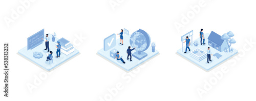 Characters preparing to start a new academic year. Students studying lessons, reading books and organizing school backpack. Education concept, set isometric vector illustration