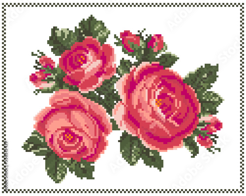 Bouquet of roses in the style of cross-stitching. Pixel art  illustration. Embroidery