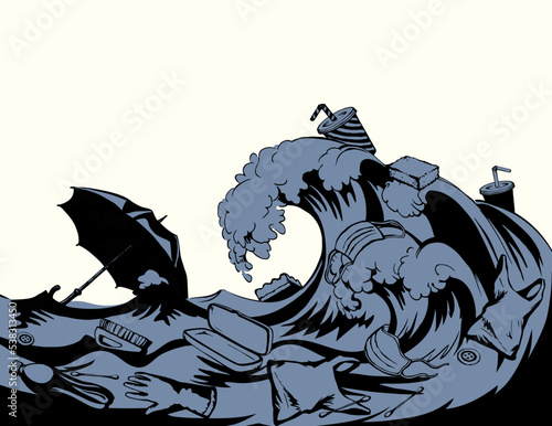 Ocean pollution from plastic waste. Vector drawing