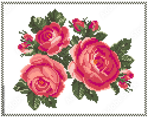 Bouquet of roses in the style of cross-stitching. Pixel art vector illustration. Embroidery