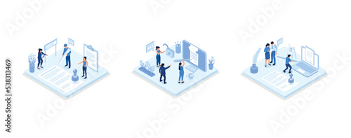 Characters signing legal document, electronic contract or agreement online. People reading and signing contract terms and conditions, set isometric vector illustration