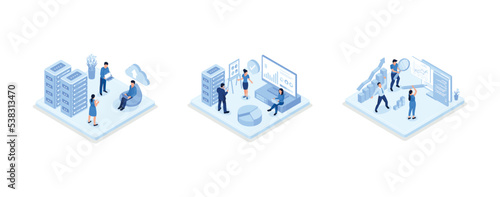 Business characters using remote servers to analyzing large sets of data and recognizing mistakes. Actionable data concept, set isometric vector illustration