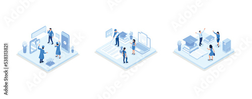 Characters celebrating successfully ended educational course, seminar , tutorial and holding academic hat and diploma certificate. Graduation concept, set isometric vector illustration