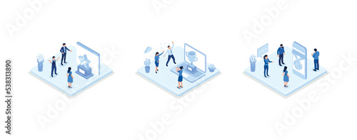 Characters celebrating first place victory with golden cup  medal and other winning trophies. Business goals  achievement and success concept  set isometric vector illustration