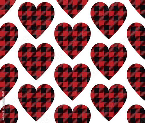 Classic Buffalo Plaid Lumberjack ornament hearts seamless pattern background. Red and black checkered pattern, flannel fabric shirt print. Winter Christmas tartan backdrop.