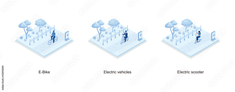 Characters in modern eco city driving electric motorcycle, e-bike and scooter. Eco friendly vehicle concept, set isometric vector illustration