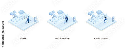 Characters in modern eco city driving electric motorcycle, e-bike and scooter. Eco friendly vehicle concept, set isometric vector illustration