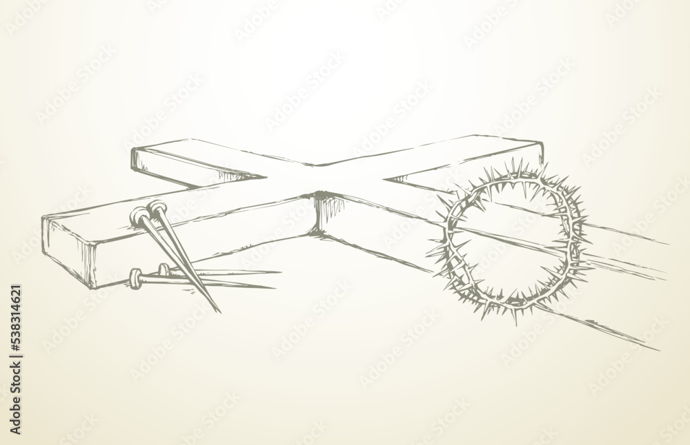 Wooden cross and iron nails. Vector drawing Wooden cross and iron nails. Vector drawing