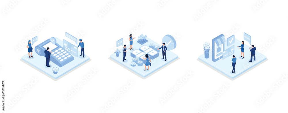 Characters paying with credit card, cash with banknotes and online by electronic bank transfer. Cash and electronic payments concept, set isometric vector illustration Characters paying with credit card, cash with banknotes and online by electronic bank transfer. Cash and electronic payments concept, set isometric vector illustration