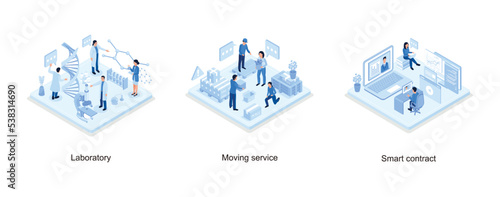 Medical laboratory concept, Ready for Transportation Carton Boxes Stack standing on Floor, Character Sitting at Desk, Looking at Laptop and Studying with Smartphone, Books and Exercise Books, isometri