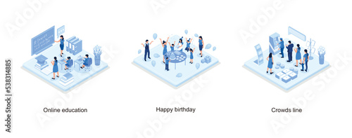 Online Education Concept, People Characters standing near Birthday Cake and Celebrating, People waiting in line near atm machine, isometric vector modern illustration