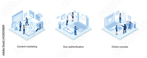 Seo and content marketing banner with character, Duo authentication concept banner with text place, Online courses, isometric vector modern illustration