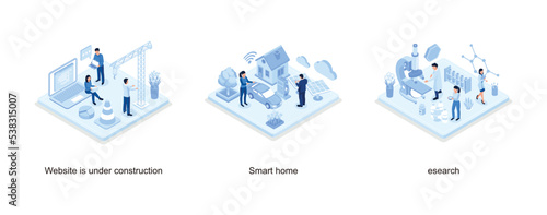 Website under construction concept with characters, Smart house with solar panel and electric car, Medical research concept, isometric vector modern illustration