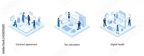 Characters Shaking Hands after Signing Official Contract Document, Office Desk with Documents for Tax Calculation, Digital health concept, isometric vector modern illustration