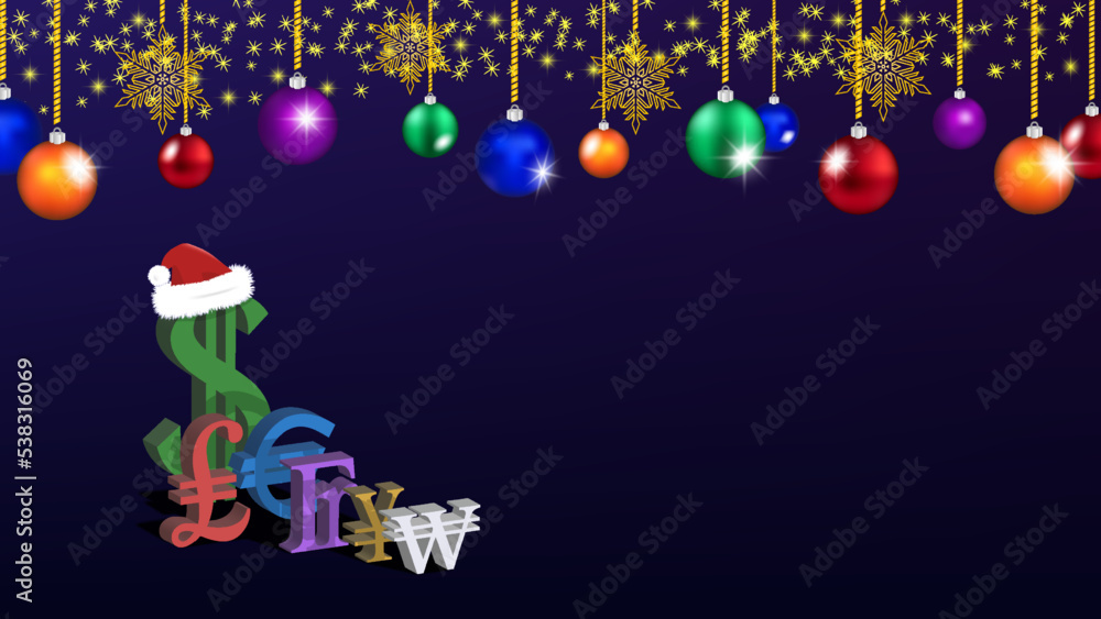 Sample of vector festive New Year poster. 3d symbols of dollar, pound, euro, franc, yen and won. Colored Christmas balls, sparks and snowflakes on a dark background
