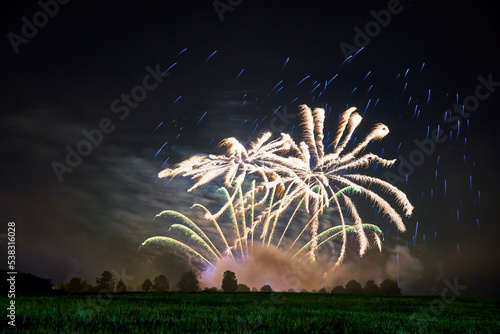 Fireworks with blue rain and yellow stars against dark night sky. Green meadow and tree line. Ideal for Sylvester and New Year's Day. Germany, Ostfildern. photo