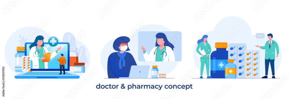 Pharmacy with mobile phone easy order and virtual consultation with doctor. flat vector illustration fit for flyer, banner and landing page