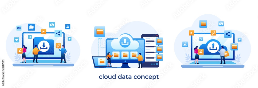 cloud data concept, data center, file management, cloud storage flat illustration vector