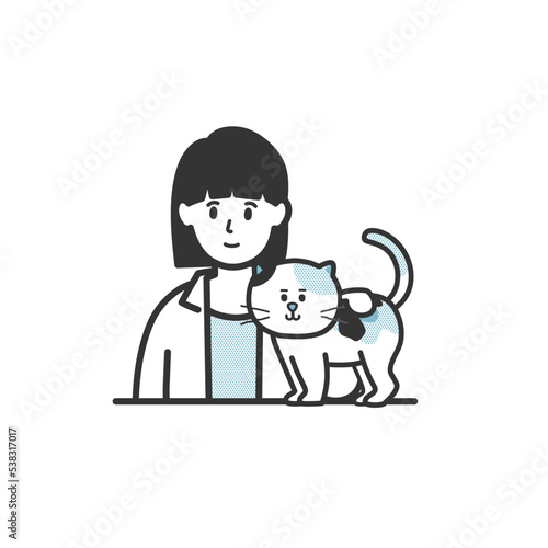 正面をみる女の子三毛猫のイラスト