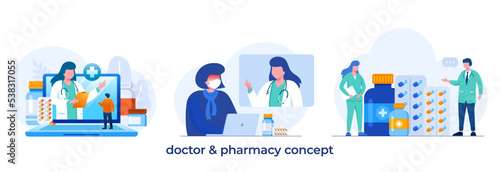 Pharmacy with mobile phone easy order and virtual consultation with doctor. flat vector illustration fit for flyer, banner and landing page