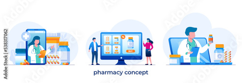 Pharmacy concept, medical, easy order and virtual consultation with doctor. flat vector illustration fit for flyer, banner and landing page