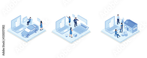 Financial management illustration set. Characters paying credit, mortgage, taxes and household invoice bills. Personal finances, loans and debt concept, set isometric vector illustration