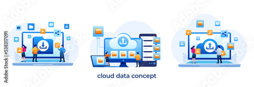 cloud data concept, data center, file management, cloud storage flat illustration vector