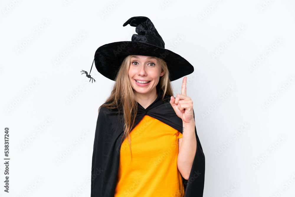 Young blonde woman dressed as a witch isolated on white background pointing with the index finger a great idea Young blonde woman dressed as a witch isolated on white background pointing with the index finger a great idea