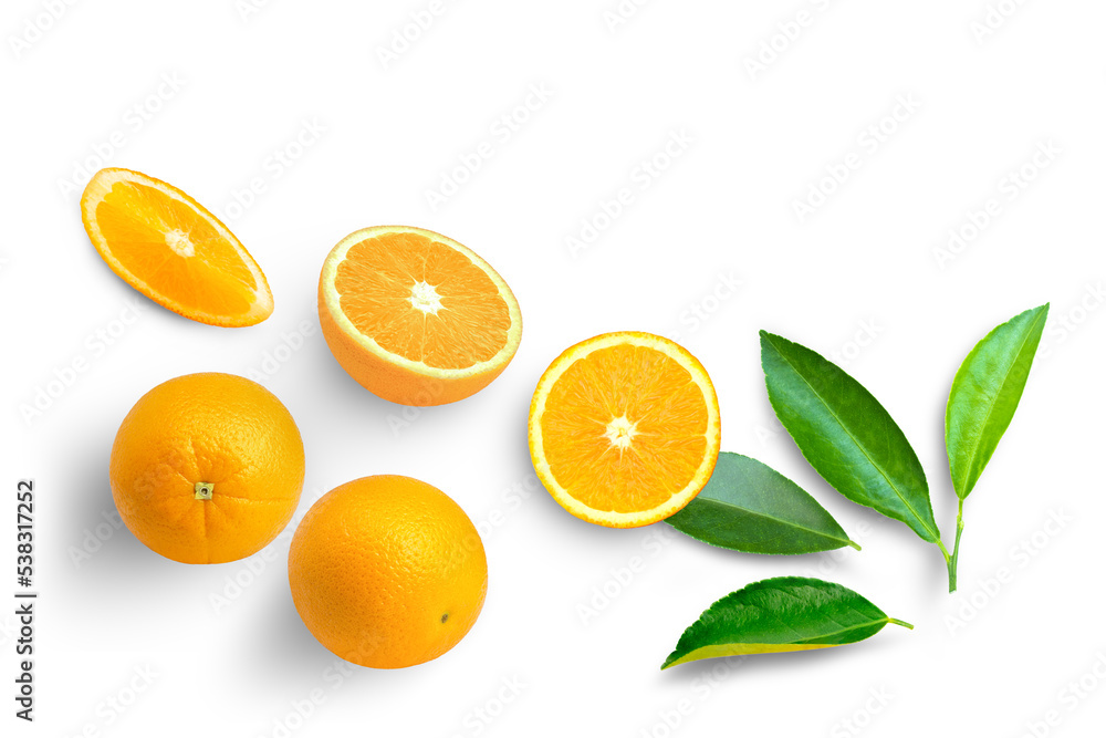 orange with leaves on white orange with leaves on white