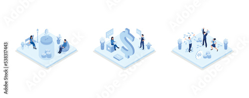 Passive income illustration set. Characters enjoying financial freedom and independence. Successfully and free of debts people planning budget, set isometric vector illustration