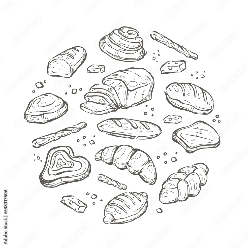 bread and pastry icon set with hand drawn