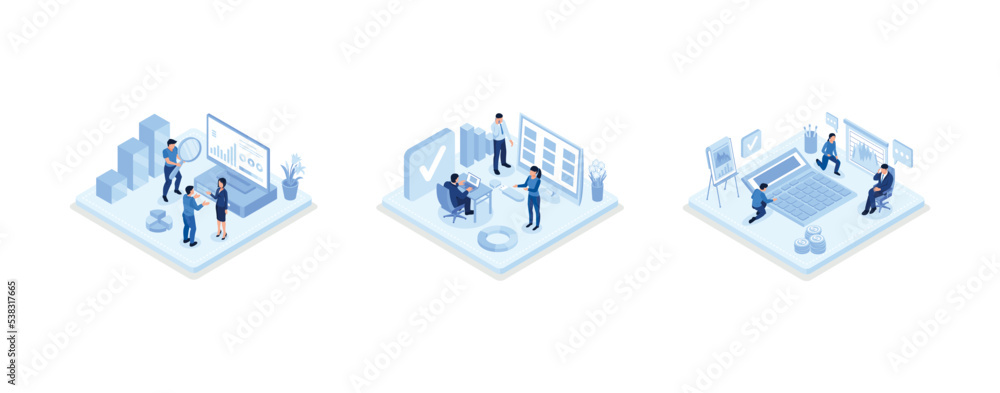 Financial report illustration set. Characters analyzing charts, balance sheet, income statement and other business data. Financial management concept, set isometric vector illustration Financial report illustration set. Characters analyzing charts, balance sheet, income statement and other business data. Financial management concept, set isometric vector illustration