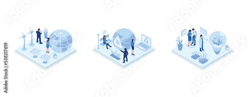 Sustainability illustration set. ESG, green energy, sustainable industry with windmills and solar energy panels. Environmental, Social, and Corporate Governance concept, set isometric vector illustrat