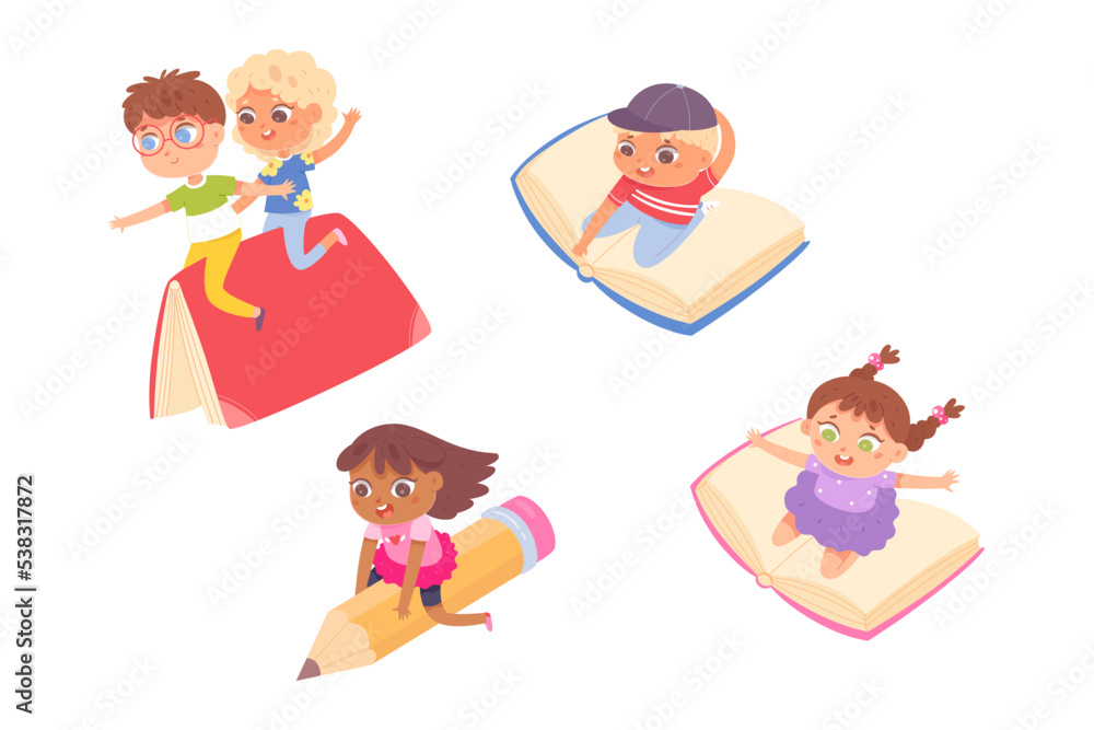 Children flying on books, pencil and notebooks set, isolated cute students fly in air Children flying on books, pencil and notebooks set, isolated cute students fly in air