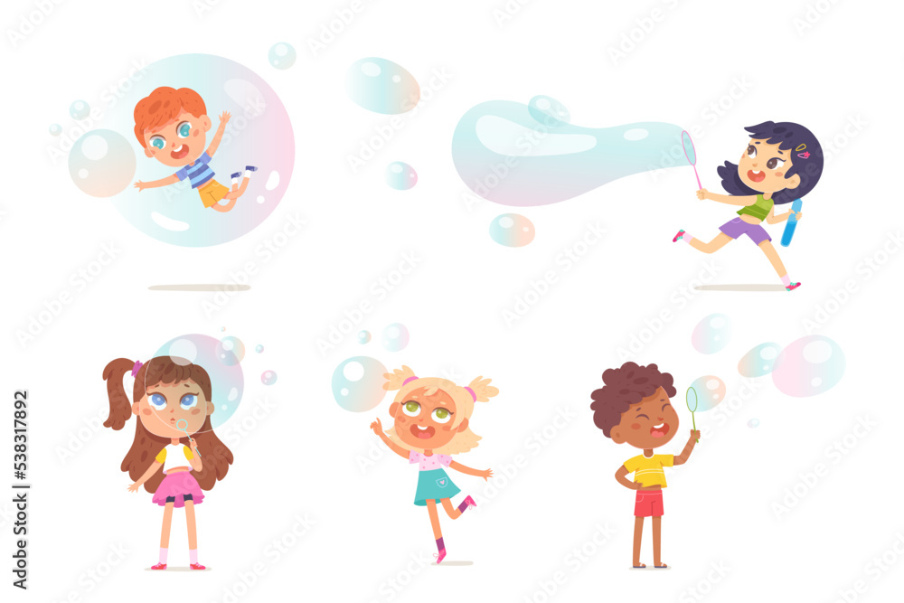 Kids blow soap bubbles set, cute girls and boys make big foam air balls blowers wand