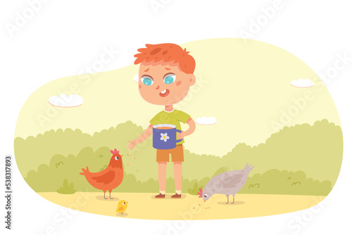 Happy boy feeding rooster, hen and little chick in village vector illustration. Cartoon chicken family eating grains in nature, farm summer work to care livestock and poultry of cute kid farmer
