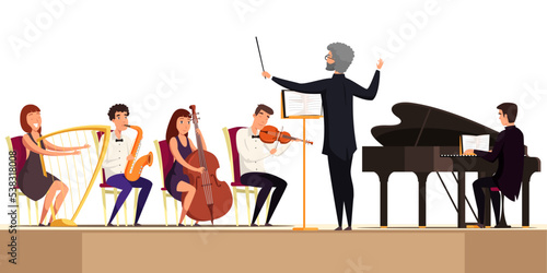Symphony orchestra with conductor and band of musicians on theatre stage playing music