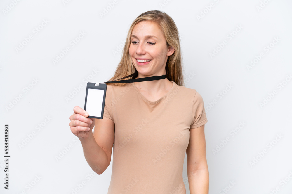 Young blonde woman with ID card isolated on white background with happy expression Young blonde woman with ID card isolated on white background with happy expression